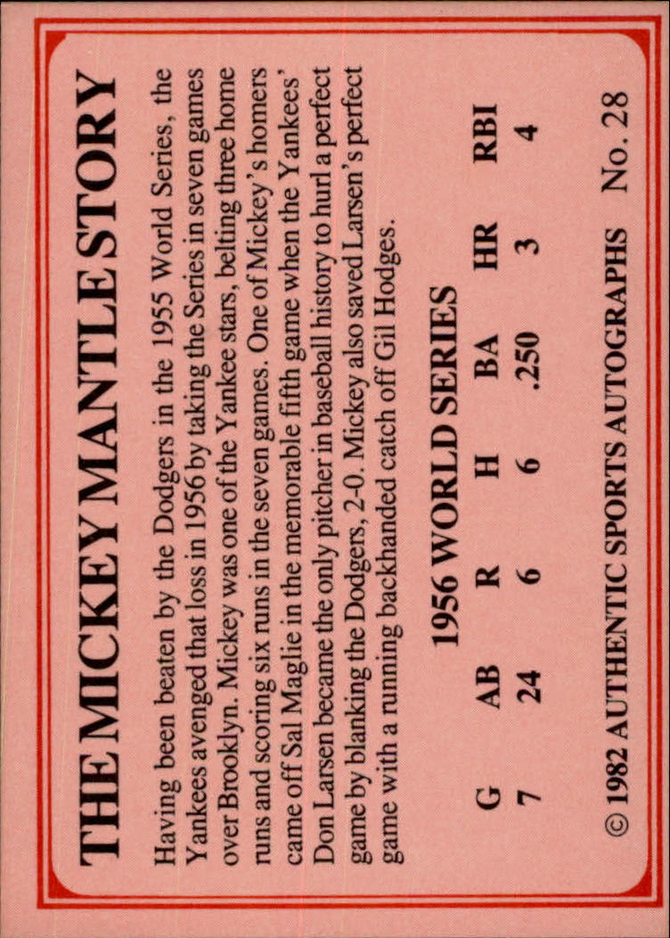 1982 ASA Mickey Mantle #28 Mickey Mantle/Yogi Berra/Elston Howard/Hank Bauer/1956 World Series back image