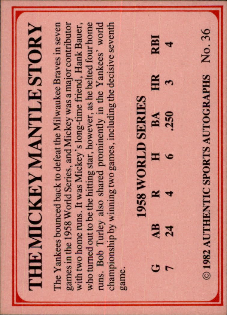 1982 ASA Mickey Mantle #36 Mickey Mantle/1958 World Series back image
