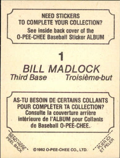 1982 O-Pee-Chee Stickers #1 Bill Madlock LL back image