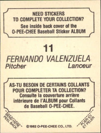 1982 O-Pee-Chee Stickers #11 Fernando Valenzuela LL back image