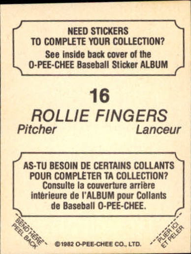 1982 O-Pee-Chee Stickers #16 Rollie Fingers LL back image