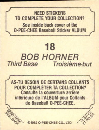 1982 O-Pee-Chee Stickers #18 Bob Horner back image