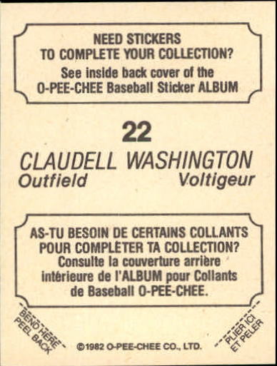 1982 O-Pee-Chee Stickers #22 Claudell Washington back image