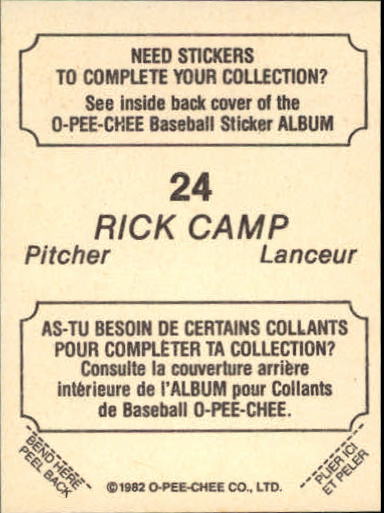 1982 O-Pee-Chee Stickers #24 Rick Camp back image