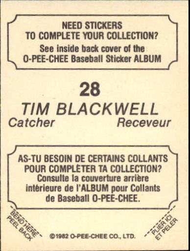 1982 O-Pee-Chee Stickers #28 Tim Blackwell back image