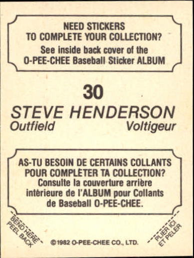 1982 O-Pee-Chee Stickers #30 Steve Henderson back image