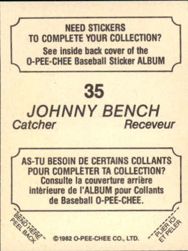 1982 O-Pee-Chee Stickers #35 Johnny Bench back image