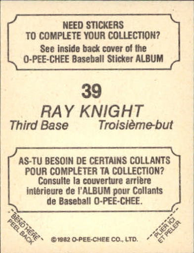 1982 O-Pee-Chee Stickers #39 Ray Knight back image