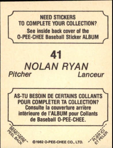 1982 O-Pee-Chee Stickers #41 Nolan Ryan back image
