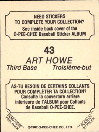 1982 O-Pee-Chee Stickers #43 Art Howe back image
