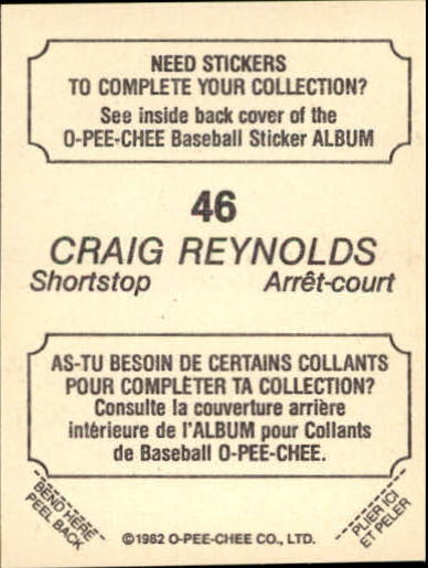 1982 O-Pee-Chee Stickers #46 Craig Reynolds back image