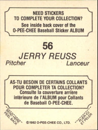 1982 O-Pee-Chee Stickers #56 Jerry Reuss back image