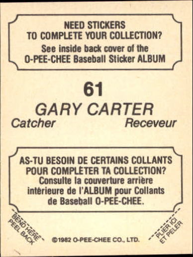 1982 O-Pee-Chee Stickers #61 Gary Carter back image