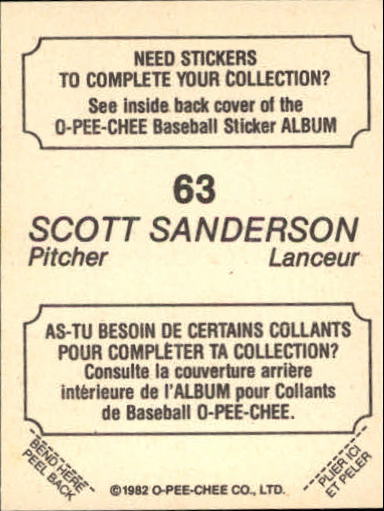 1982 O-Pee-Chee Stickers #63 Scott Sanderson back image