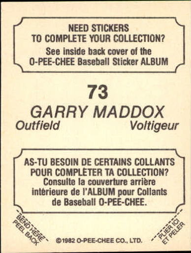 1982 O-Pee-Chee Stickers #73 Garry Maddox back image