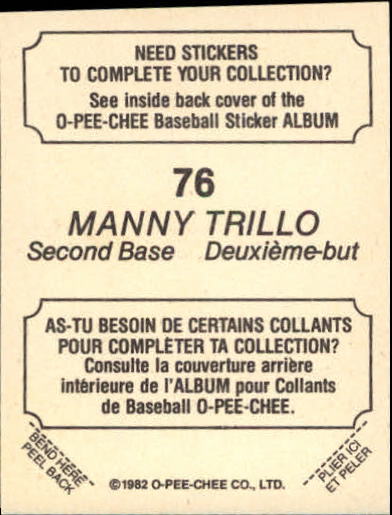 1982 O-Pee-Chee Stickers #76 Manny Trillo back image