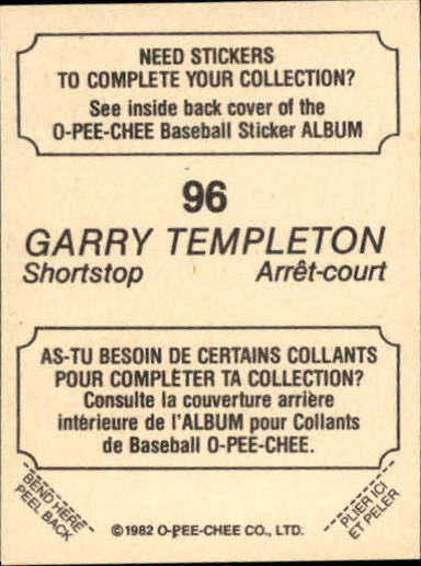 1982 O-Pee-Chee Stickers #96 Garry Templeton back image