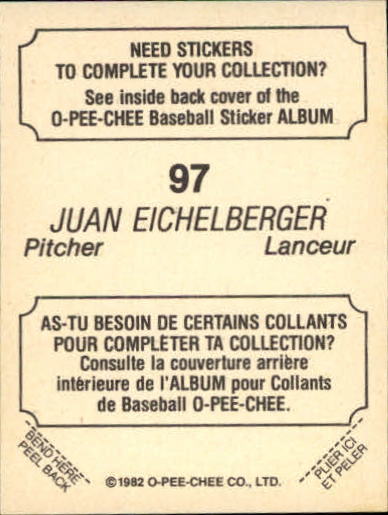 1982 O-Pee-Chee Stickers #97 Juan Eichelberger back image