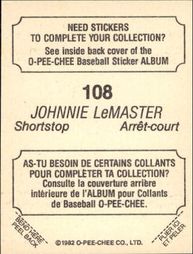 1982 O-Pee-Chee Stickers #108 Johnnie LeMaster back image