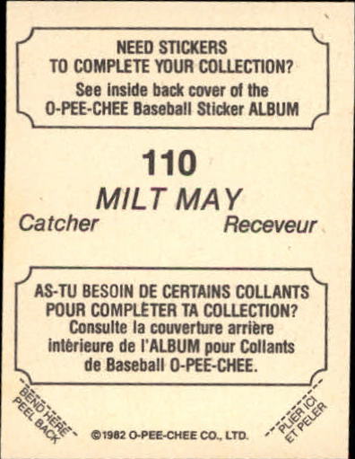 1982 O-Pee-Chee Stickers #110 Milt May back image