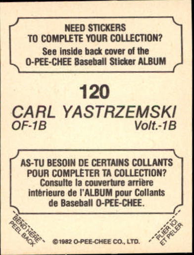 1982 O-Pee-Chee Stickers #120 Carl Yastrzemski HL back image