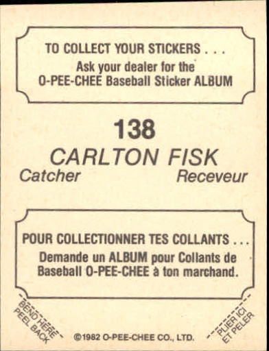 1982 O-Pee-Chee Stickers #138 Carlton Fisk FOIL back image