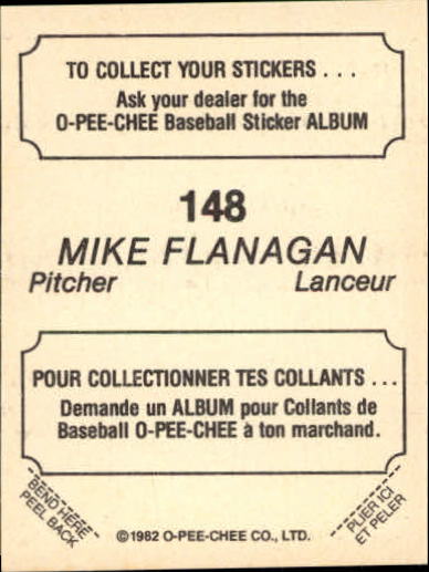 1982 O-Pee-Chee Stickers #148 Mike Flanagan back image