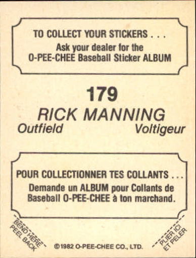 1982 O-Pee-Chee Stickers #179 Rick Manning back image