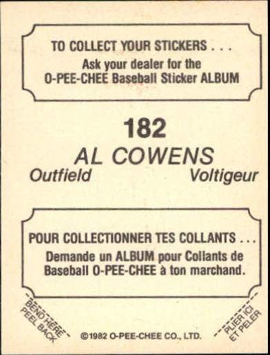 1982 O-Pee-Chee Stickers #182 Al Cowens back image