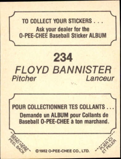 1982 O-Pee-Chee Stickers #234 Floyd Bannister back image