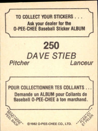1982 O-Pee-Chee Stickers #250 Dave Stieb back image