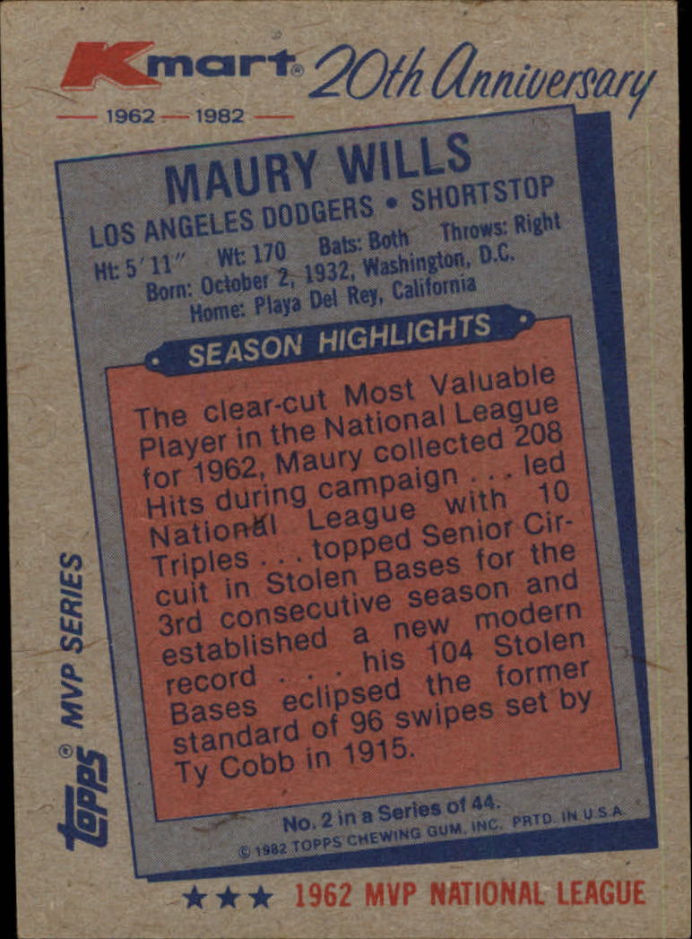 1982 K-Mart #2 Maury Wills: 62NL back image