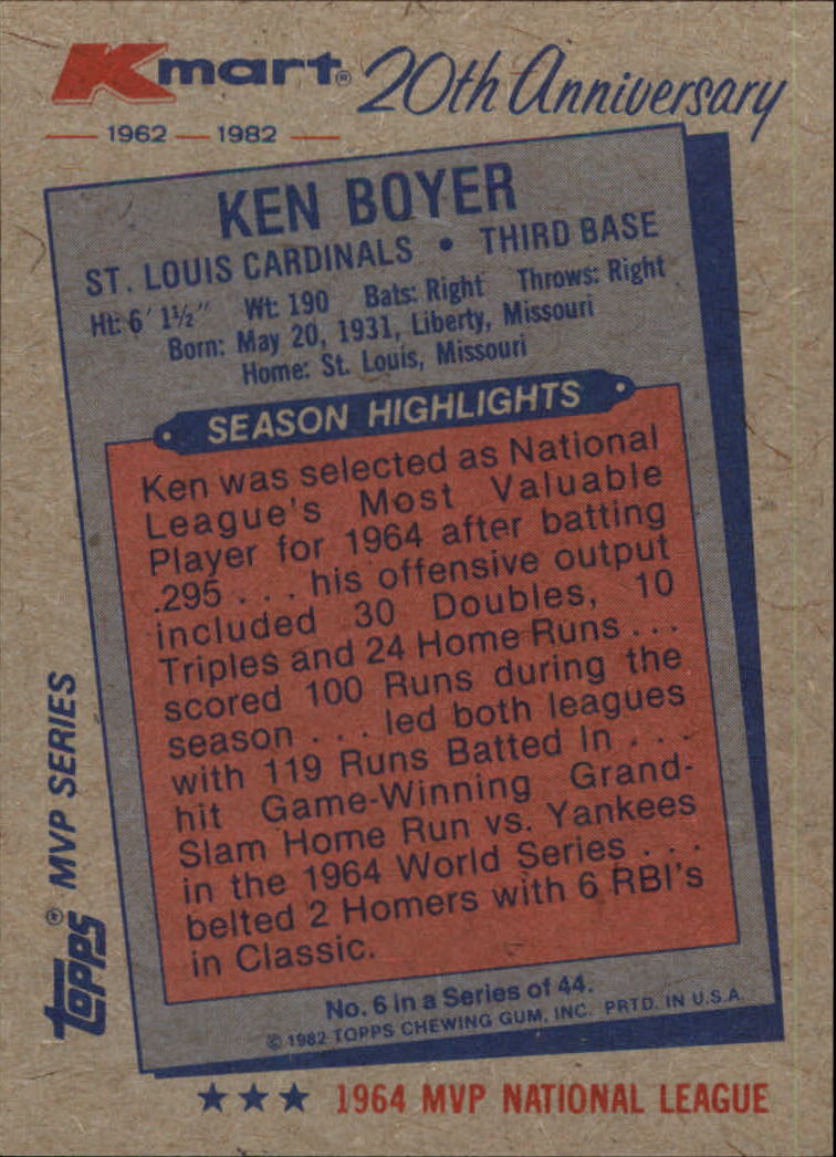 1982 K-Mart #6 Ken Boyer: 64NL back image