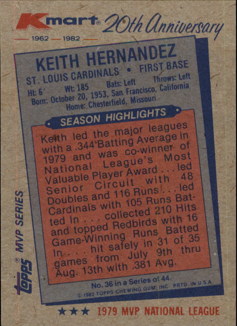 1982 K-Mart #36 Keith Hernandez: 79NL back image