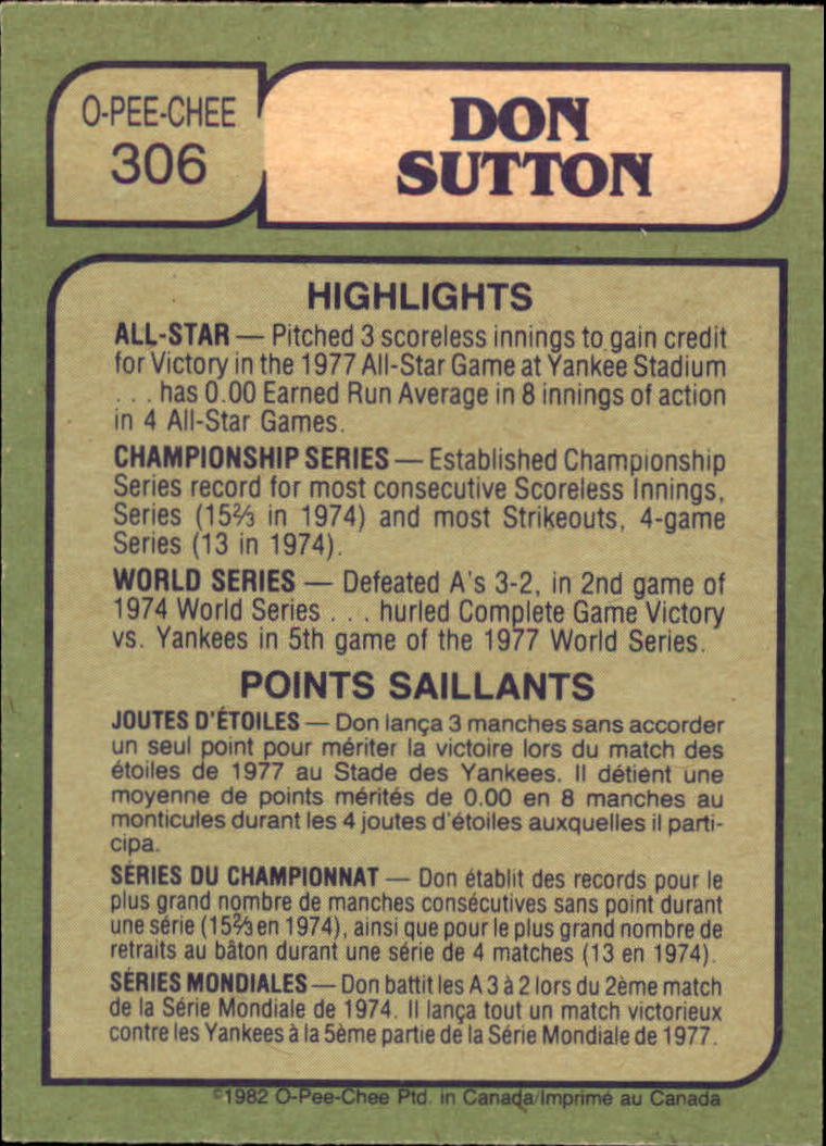 1982 O-Pee-Chee #306 Don Sutton IA back image
