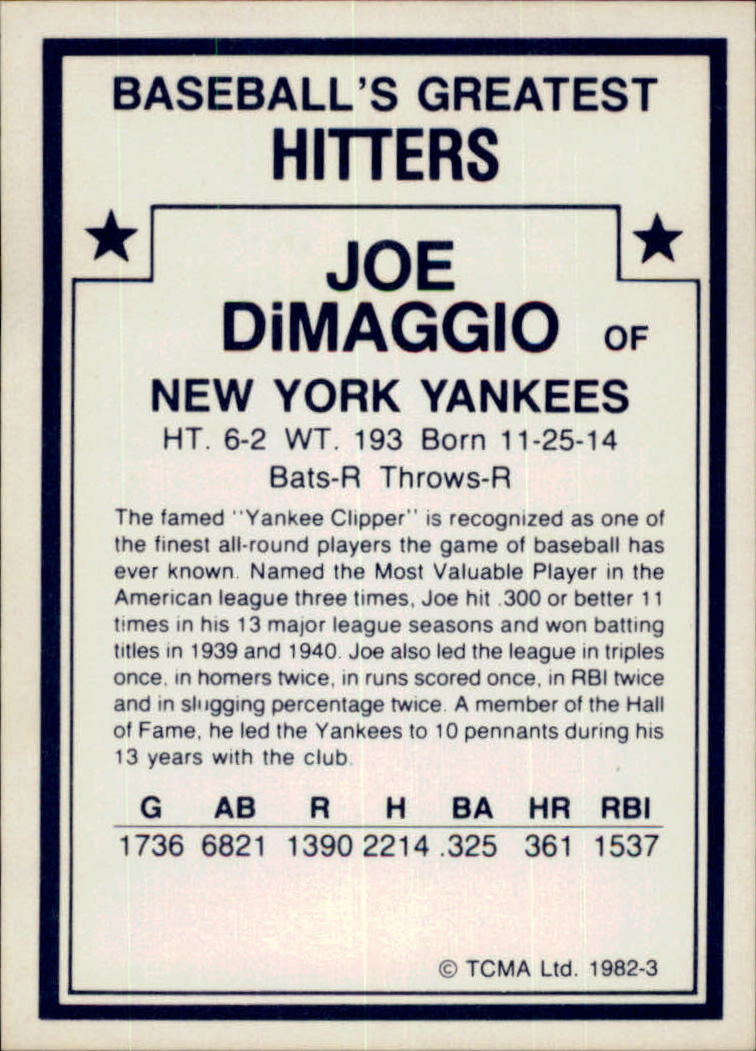 1982 TCMA Greatest Hitters #3 Joe DiMaggio back image