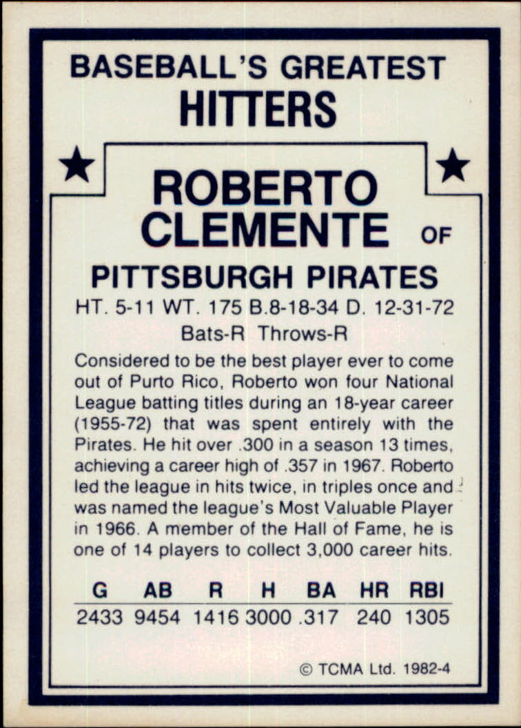 1982 TCMA Greatest Hitters #4 Roberto Clemente back image
