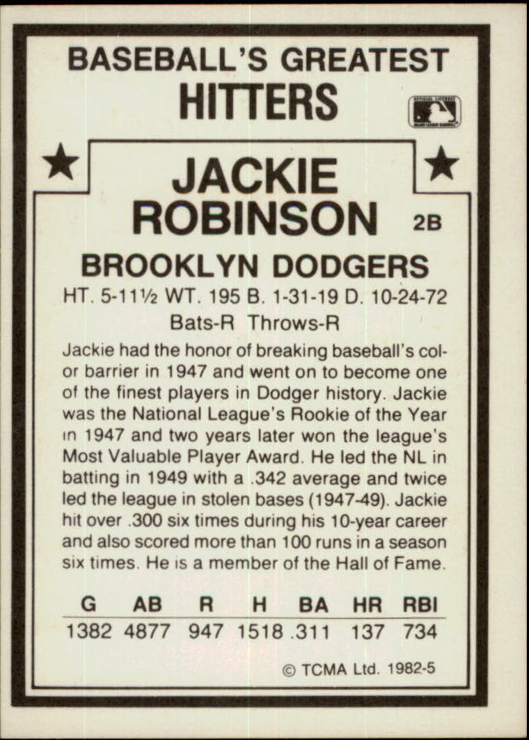 1982 TCMA Greatest Hitters #5 Jackie Robinson back image