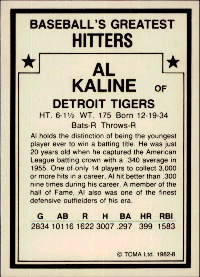 1982 TCMA Greatest Hitters #8 Al Kaline back image
