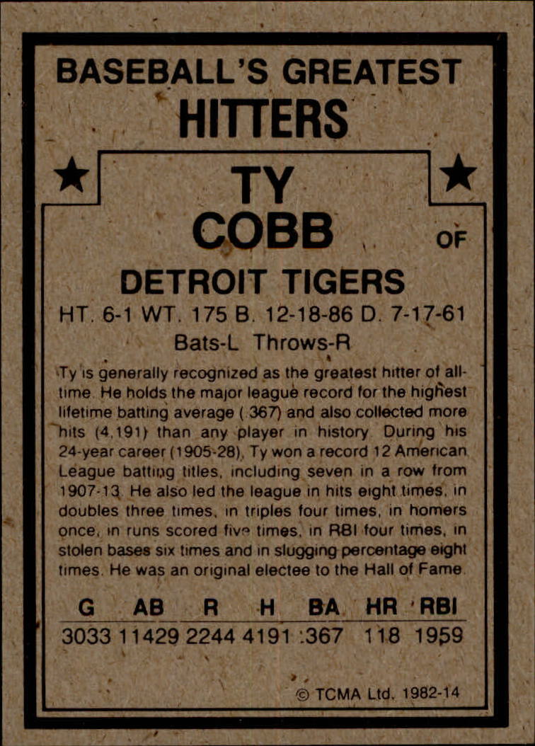 1982 TCMA Greatest Hitters #14 Ty Cobb back image