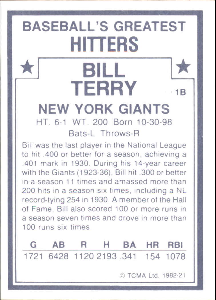 1982 TCMA Greatest Hitters #21 Bill Terry back image