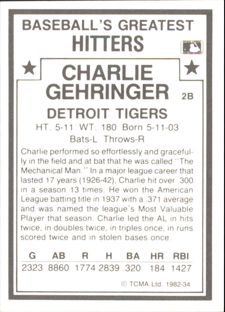 1982 TCMA Greatest Hitters #34 Charlie Gehringer back image