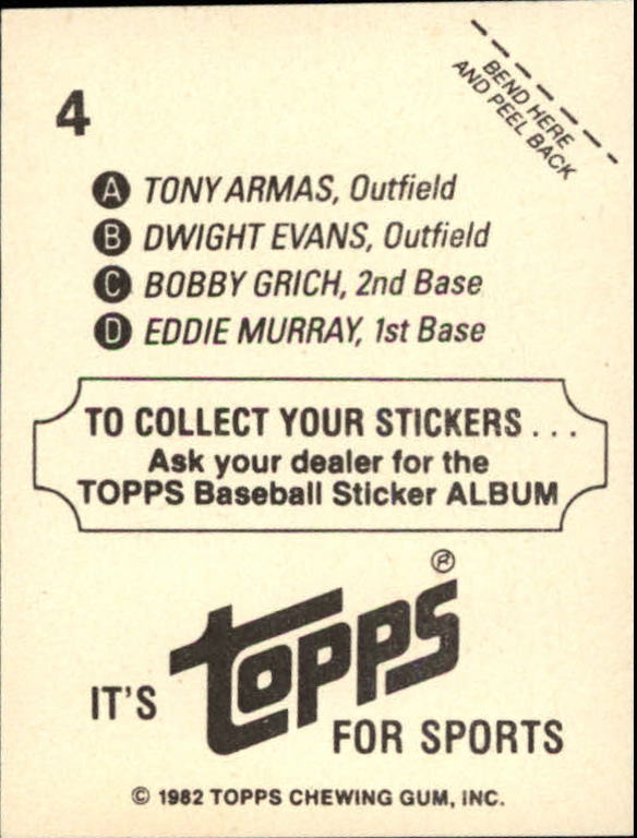 1982 Topps Stickers #4 AL HR:Tony Armas/Bobby Grich/Dwight Evans/Eddie back image