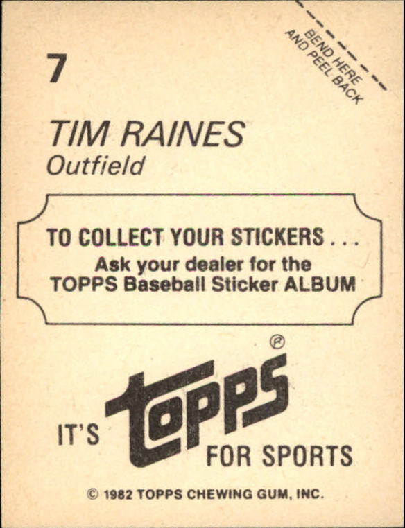 1982 Topps Stickers #7 Tim Raines LL back image