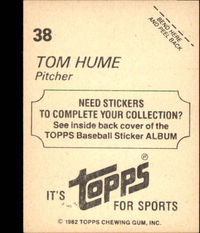 1982 Topps Stickers #38 Tom Hume back image