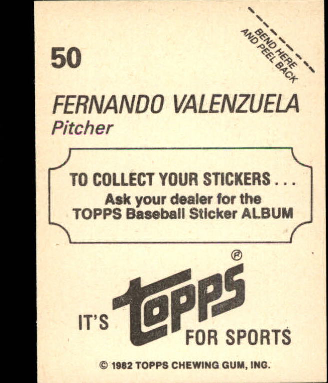 1982 Topps Stickers #50 Fernando Valenzuela back image
