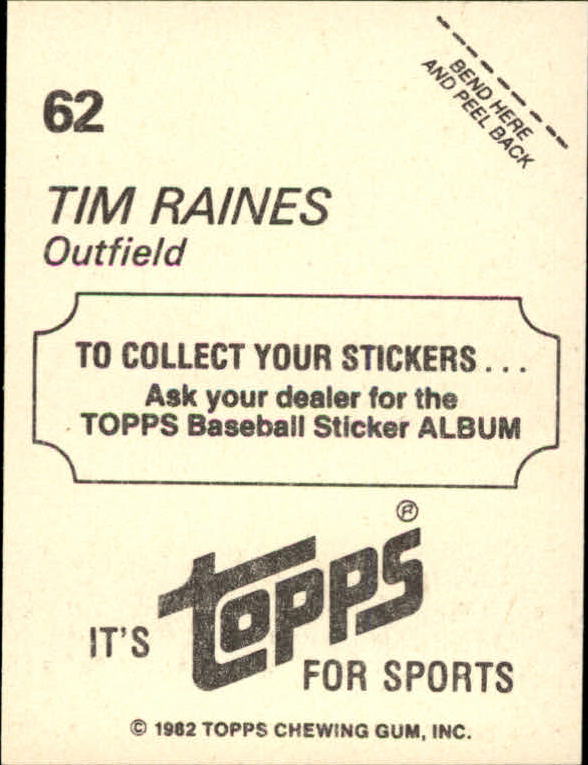 1982 Topps Stickers #62 Tim Raines back image