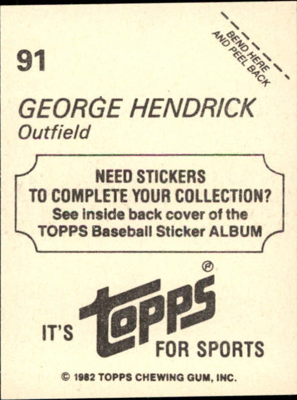 1982 Topps Stickers #91 George Hendrick back image