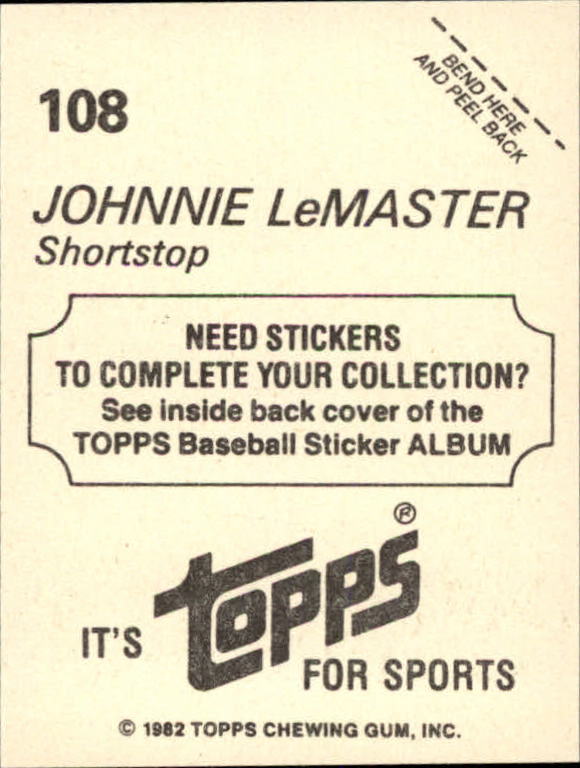 1982 Topps Stickers #108 Johnnie LeMaster back image