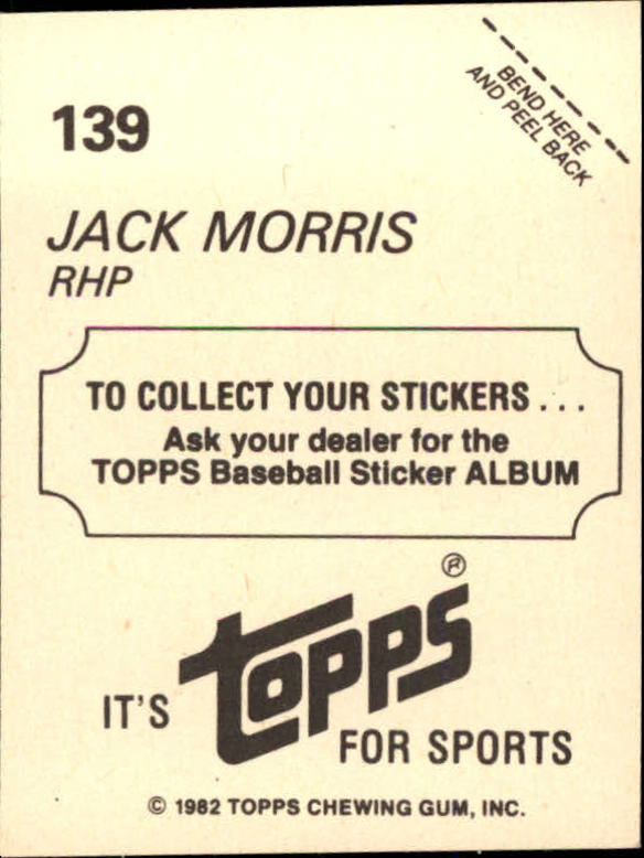 1982 Topps Stickers #139 Jack Morris FOIL back image
